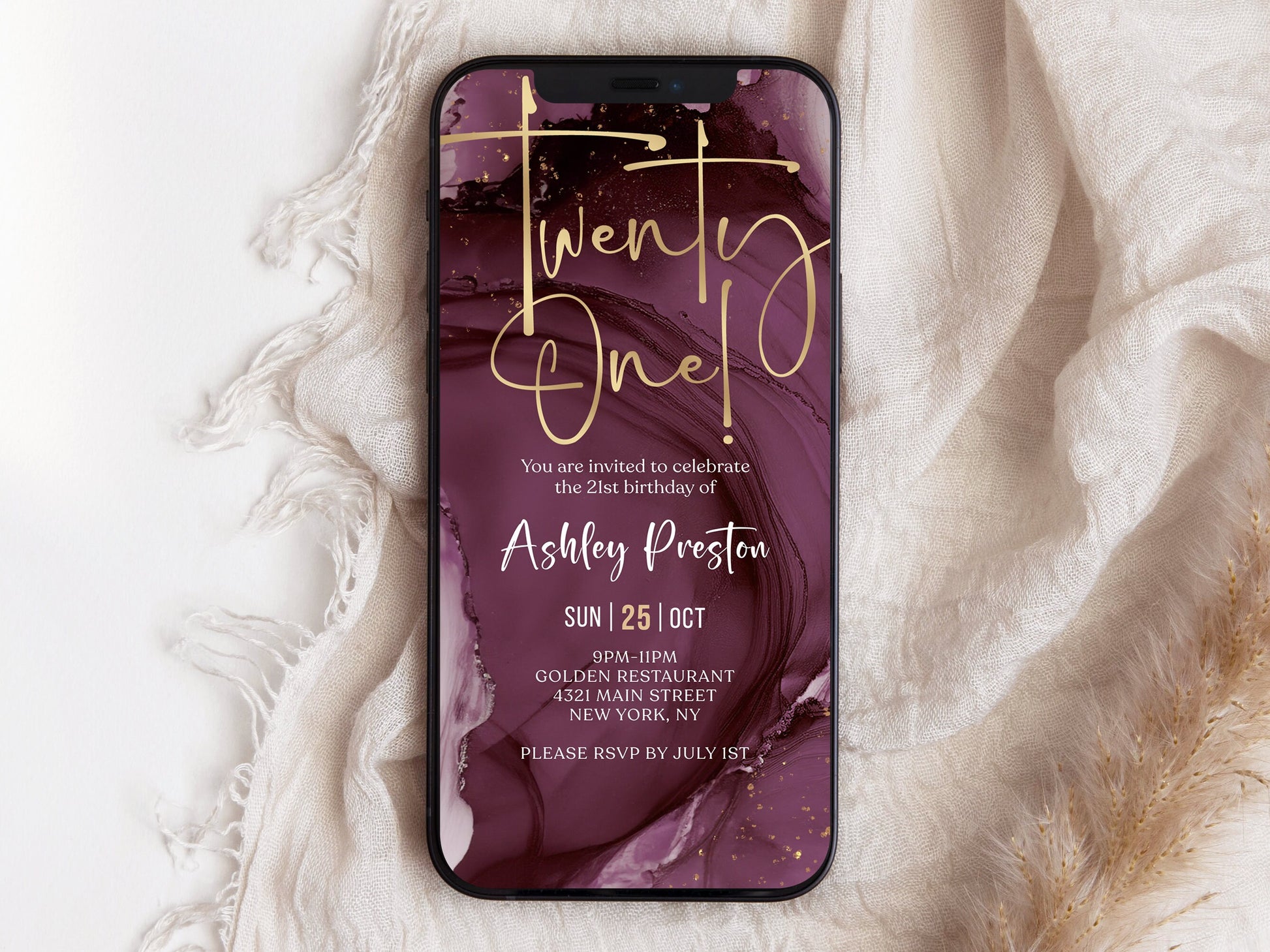 Digital 21st Birthday Invitation, Twenty One Purple Girls 21 Invite For Her, Electronic Self Editable Template eCard, Text Message Evite