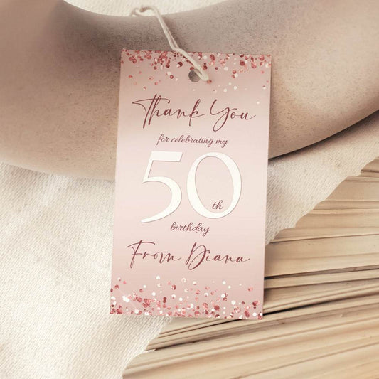 Fifty 50th Birthday Favor Tags, Printable Thank You Tag, Rose Gold Confetti Party Tag, Editable Any Age Birthday Favor Tag, Instant Download