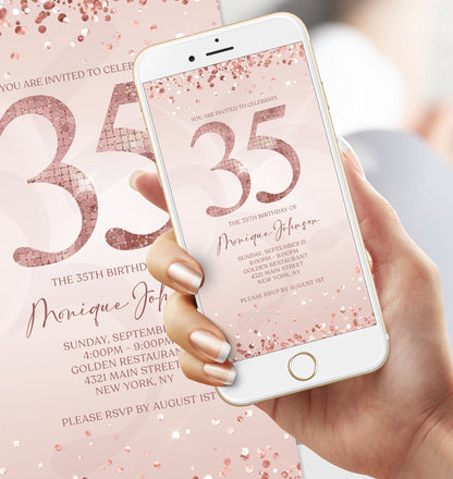 Electronic Thirty Five 35th Birthday Invitation Template, Digital Birthday Invite, Rose Gold Birthday Invitation, DIY Editable Mobile Evite