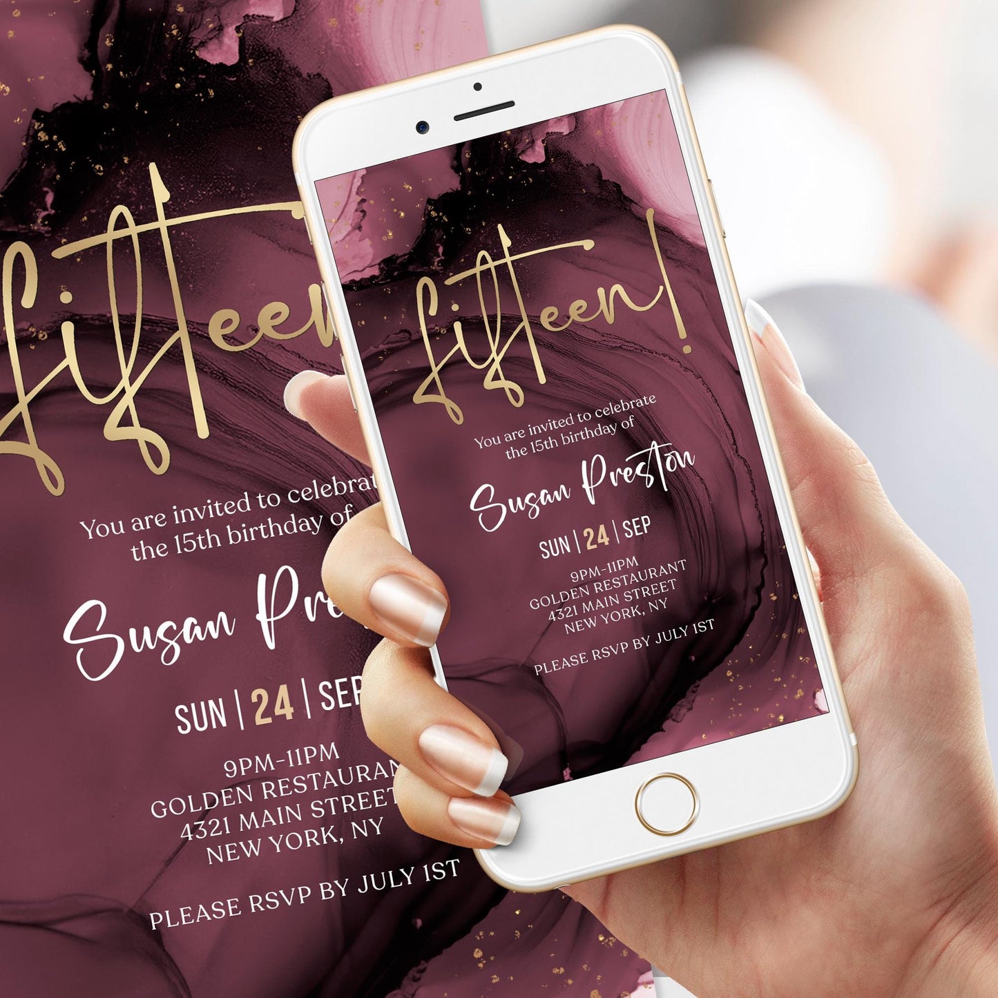 Digital Maroon Purple & Gold 15th Birthday Invitation Template