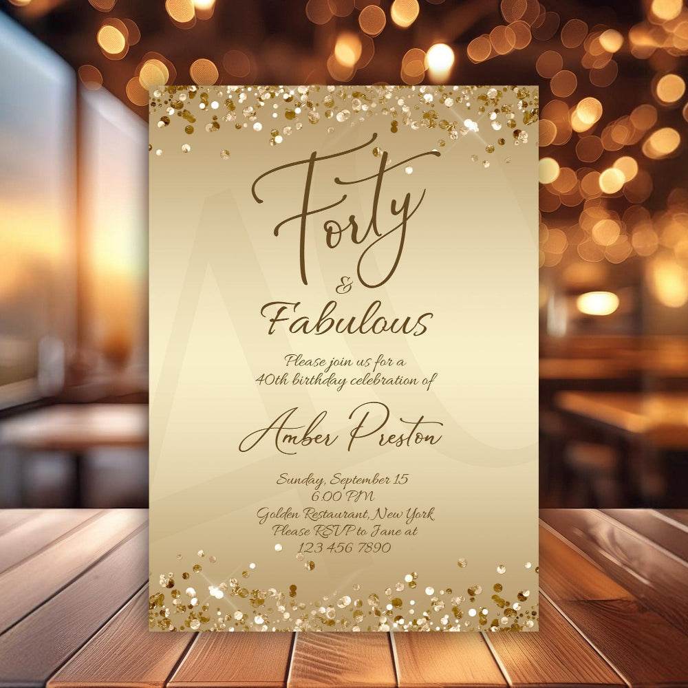 Gold 40th Birthday Invitation for Her – Editable Forty & Fabulous Surprise Party Template | Printable Gold Confetti Invite for Women | Instant Download