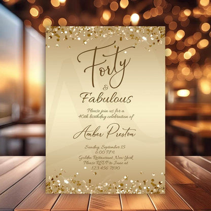 Gold 40th Birthday Invitation for Her – Editable Forty & Fabulous Surprise Party Template | Printable Gold Confetti Invite for Women | Instant Download