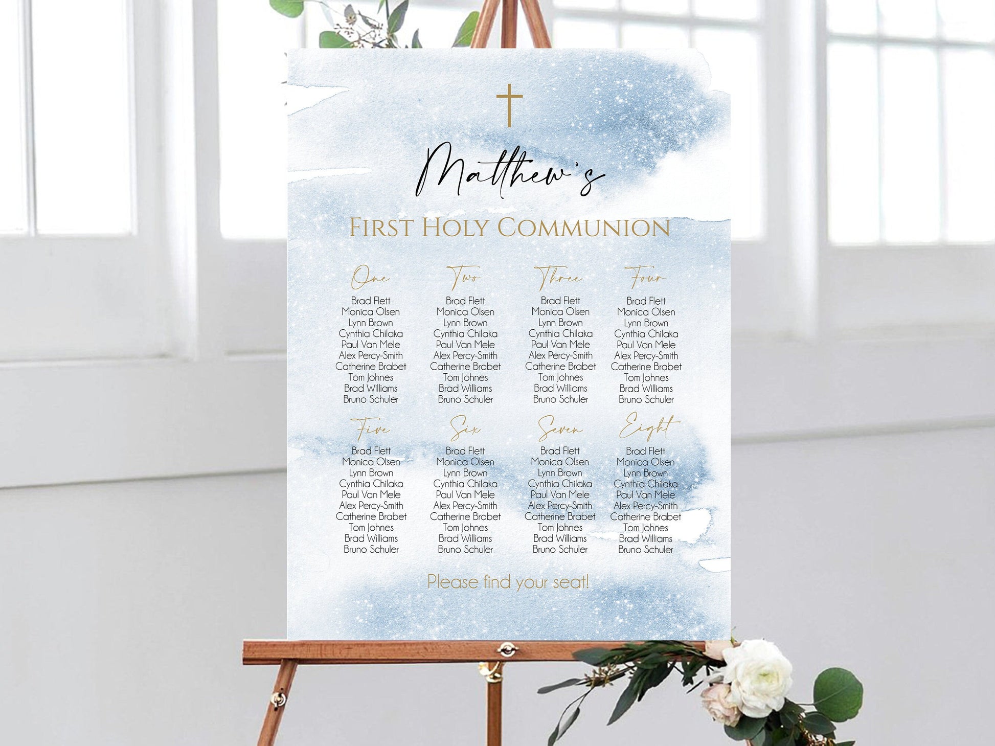 First Holy Communion Seating Chart - Blue Watercolor Design for Boys