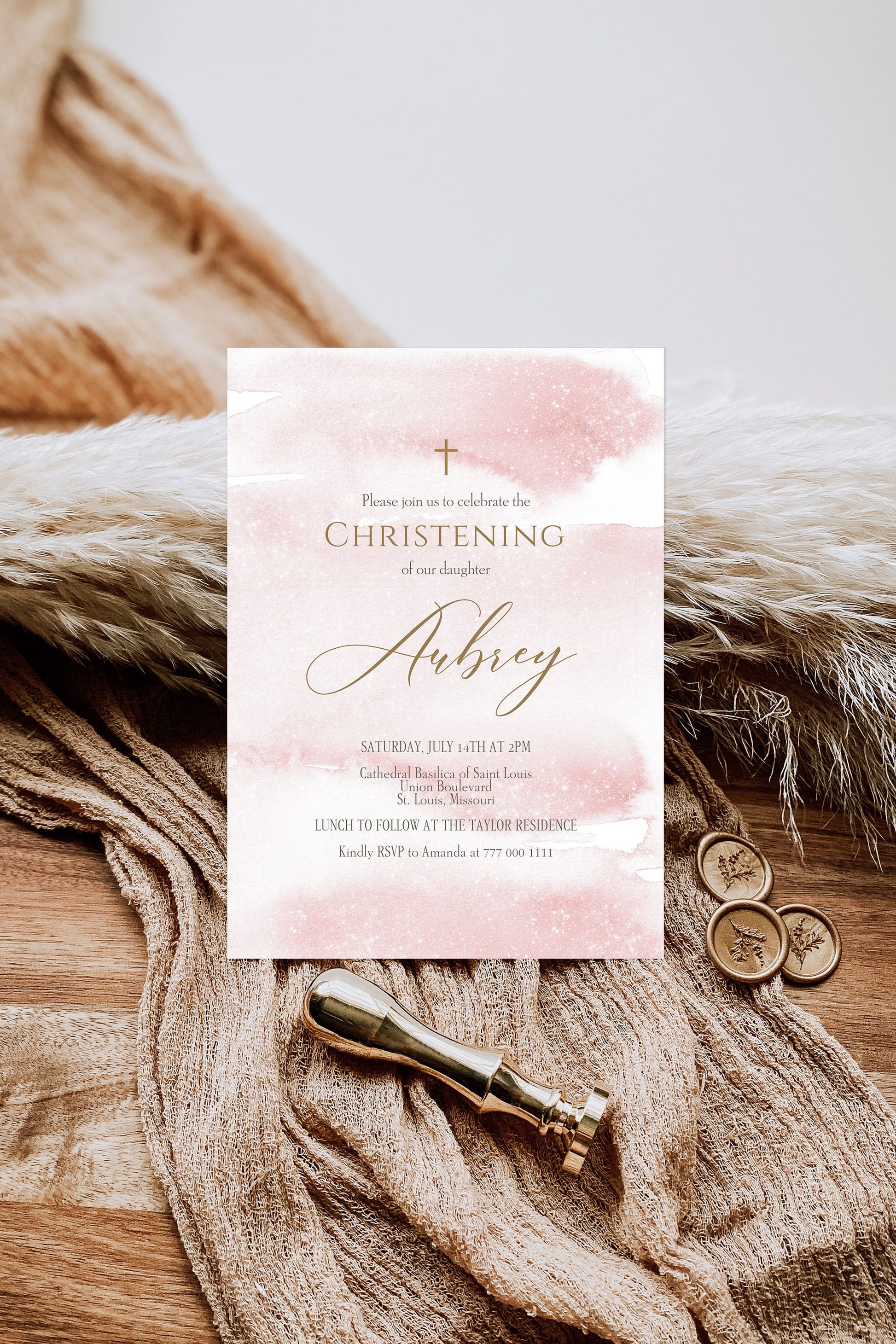 Printable Girl Christening Invitation Template - Editable Design