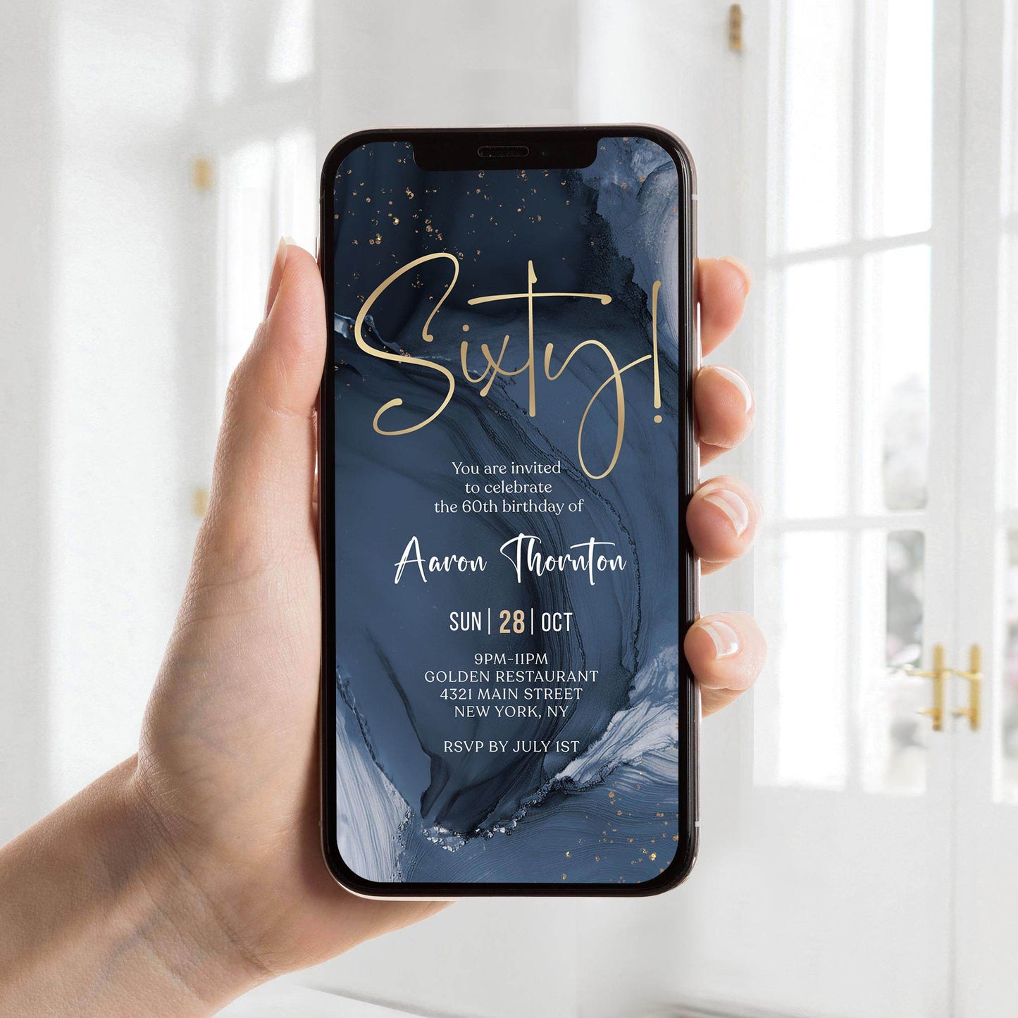 Blue Navy Gold Sixty 60th Birthday Invitation Template, Digital Editable Invite, Electronic Self Editable Template eCard, Text Message Evite