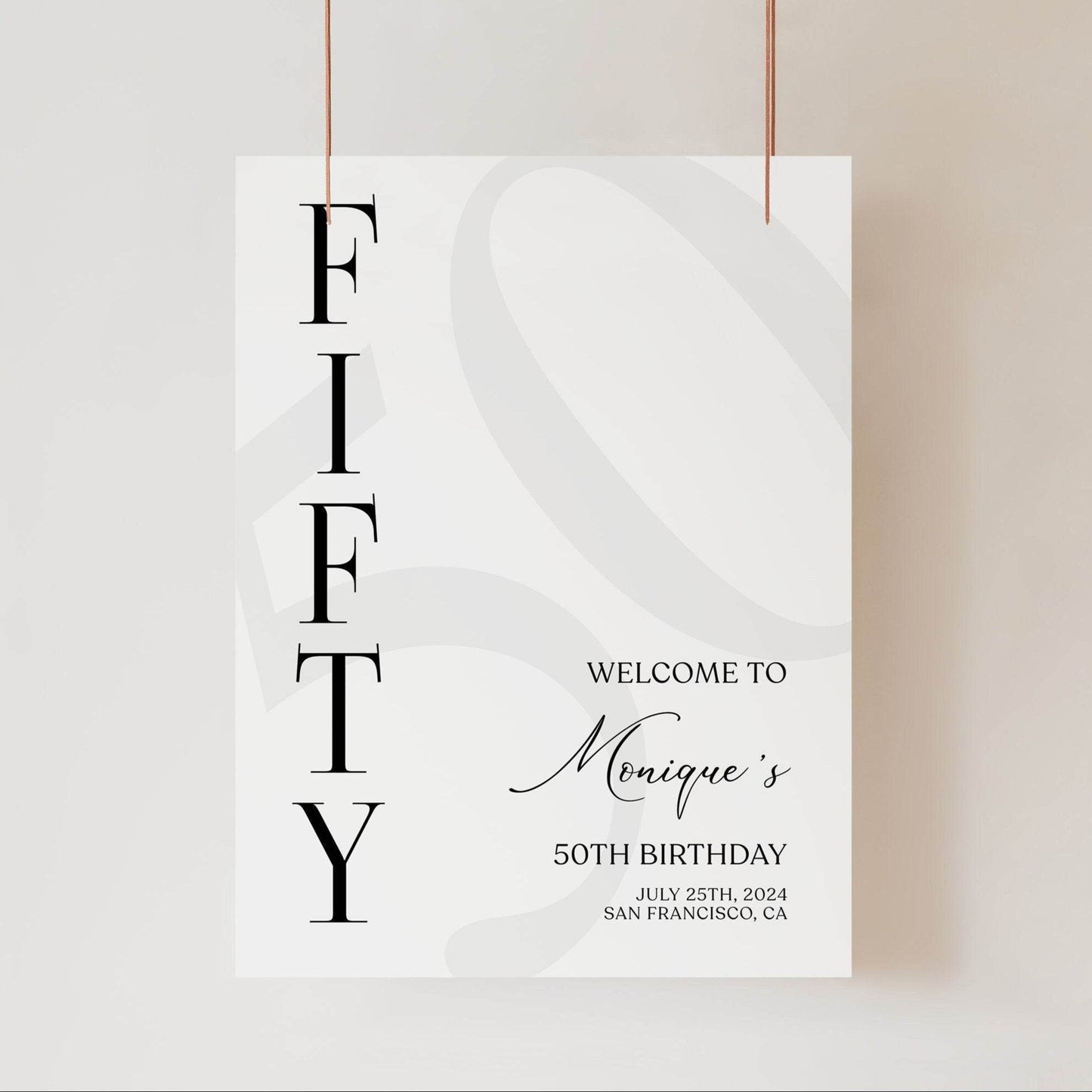 Simple 50th Birthday Welcome Sign Template – Editable Minimalist Welcome Poster | Printable Fifty Birthday Sign | Digital Instant Download