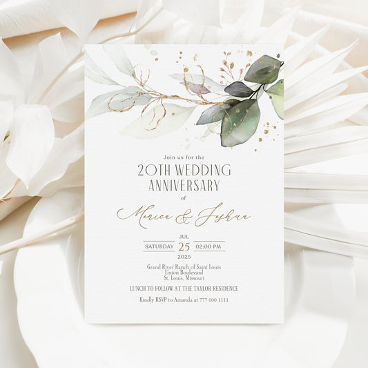 Editable Greenery Anniversary Card Invitation, Eucalyptus Leaves Wedding Anniversary template, Printable Celebration Dinner Digital Invite