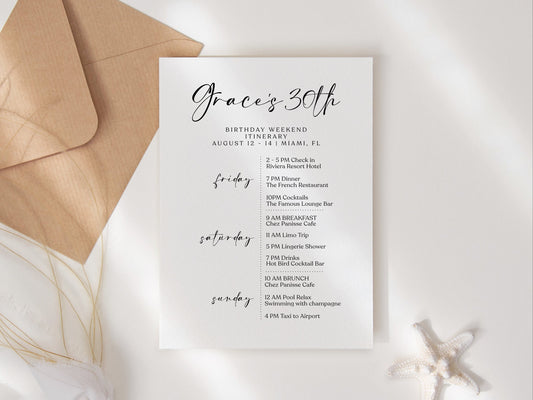 Printable Simple Birthday Itinerary Template, Editable Minimalist Weekend Itinerary, Minimalist Birthday Weekend, Digital Elegant Itinerary