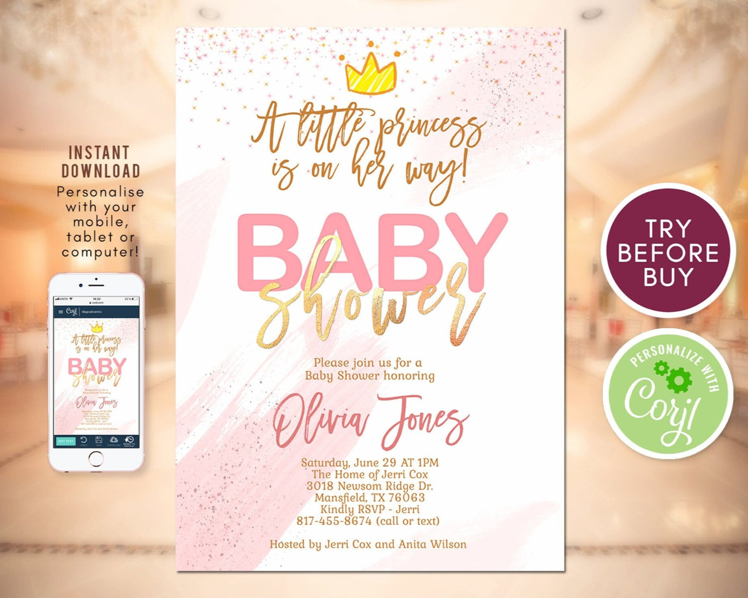 Pink and Gold Princess Baby Shower Invitation | Editable Crown Baby Shower Template | Girl Baby Shower Printable | DIY Instant Download