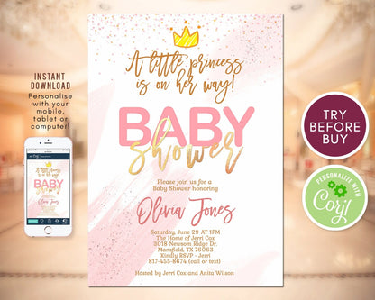 Pink and Gold Princess Baby Shower Invitation | Editable Crown Baby Shower Template | Girl Baby Shower Printable | DIY Instant Download