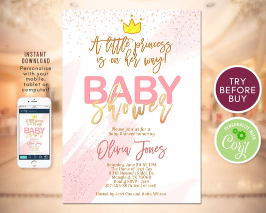 Pink and Gold Princess Baby Shower Invitation | Editable Crown Baby Shower Template | Girl Baby Shower Printable | DIY Instant Download