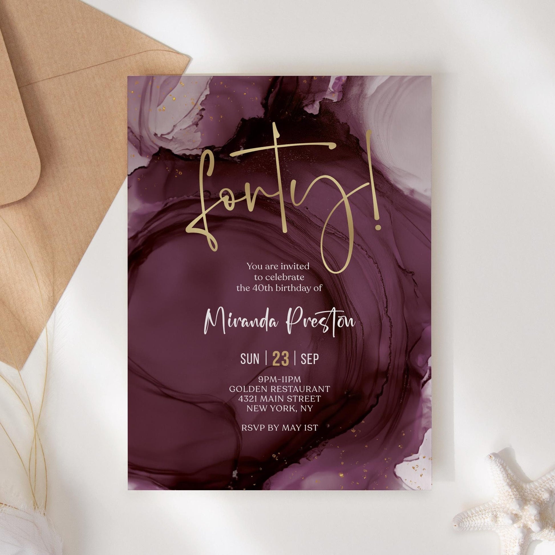 Purple Gold 40th Forty Birthday Invitation Template, Printable Maroon Woman Dinner Party Invite, Editable Surprise Invite, Digital Download