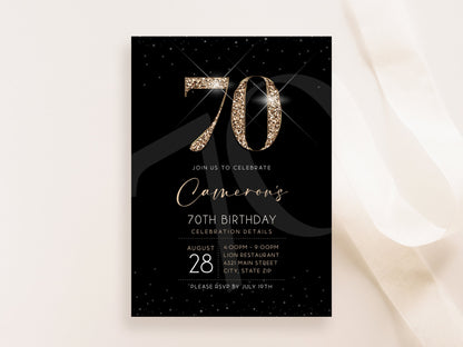 Black Gold Luxury 70th Seventy Birthday Invitation Template, Printable Men's Invite, Editable Invitation, Elegant Invite, Email Text Message