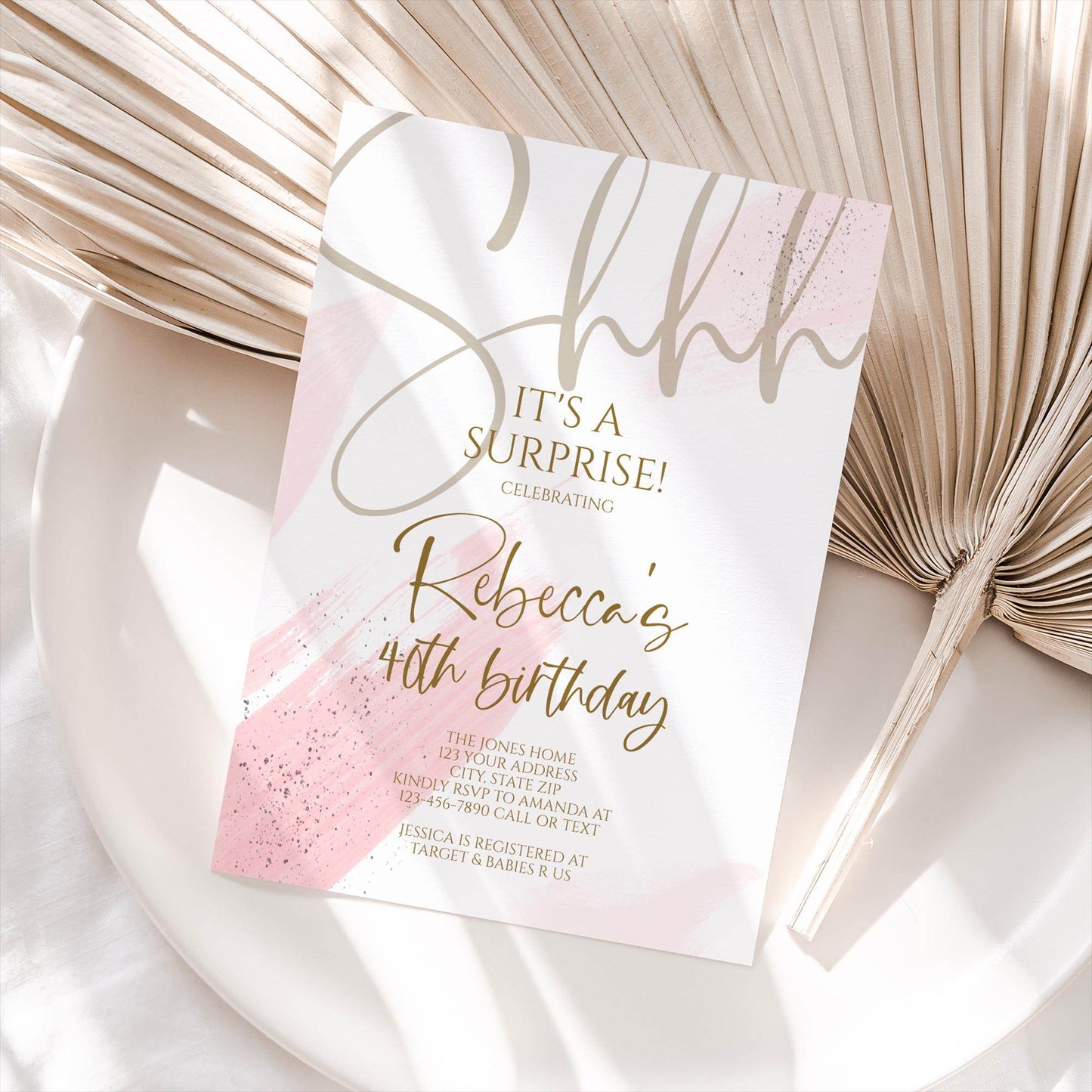 Printable Pink Shhh it's a surprise 40th forty birthday invitation template, Forty Editable invite, Any Age Invitation, Instant Download