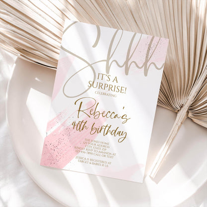 Printable Pink Shhh it's a surprise 40th forty birthday invitation template, Forty Editable invite, Any Age Invitation, Instant Download