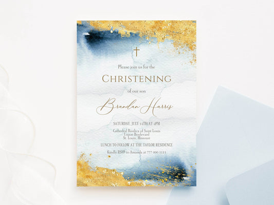 Printable Boy Christening Invitation Template, Blue Gold Christening Invite, Boy Christening Blue Watercolor, Gold Editable Baptism Invite