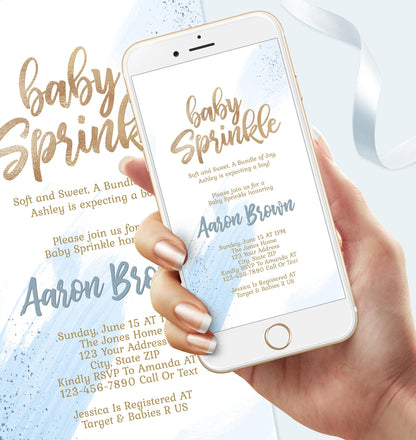 Digital Boy Baby Sprinkle text message invitation template, Blue Gold Foil Baby Shower Invite, Electronic Baby Sprinkle Invite, Phone Evite