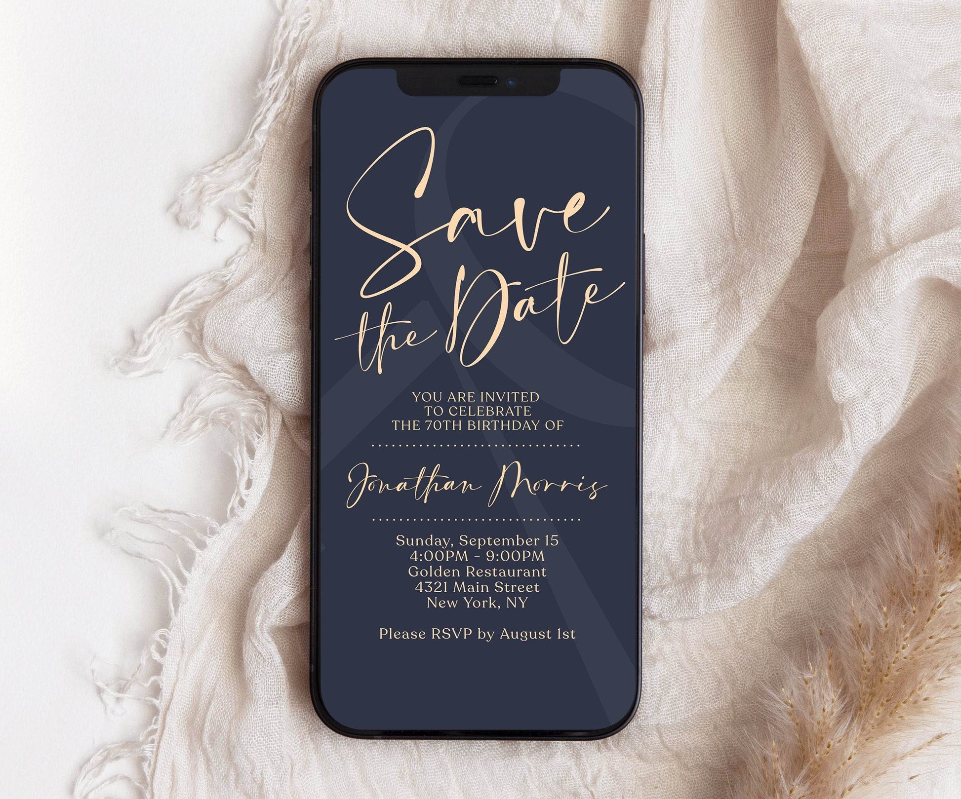 70th Birthday Save the Date Invitation | Editable Navy Digital Evite | Electronic Text Message Template | Seventy Birthday Phone Invite | Instant Download