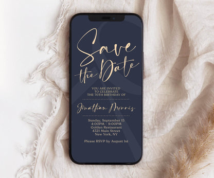 70th Birthday Save the Date Invitation | Editable Navy Digital Evite | Electronic Text Message Template | Seventy Birthday Phone Invite | Instant Download