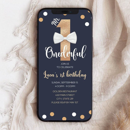Mr. ONEderful 1st Birthday Invitation – Navy Digital Phone Evite – Editable First Birthday Template – Text Message Invite – Instant Download