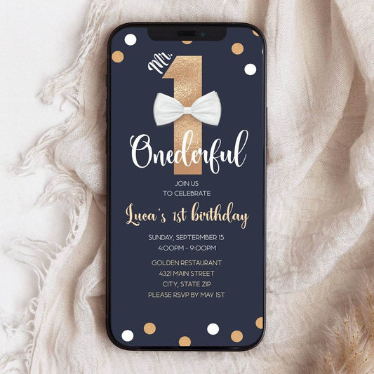 Mr. ONEderful 1st Birthday Invitation – Navy Digital Phone Evite – Editable First Birthday Template – Text Message Invite – Instant Download