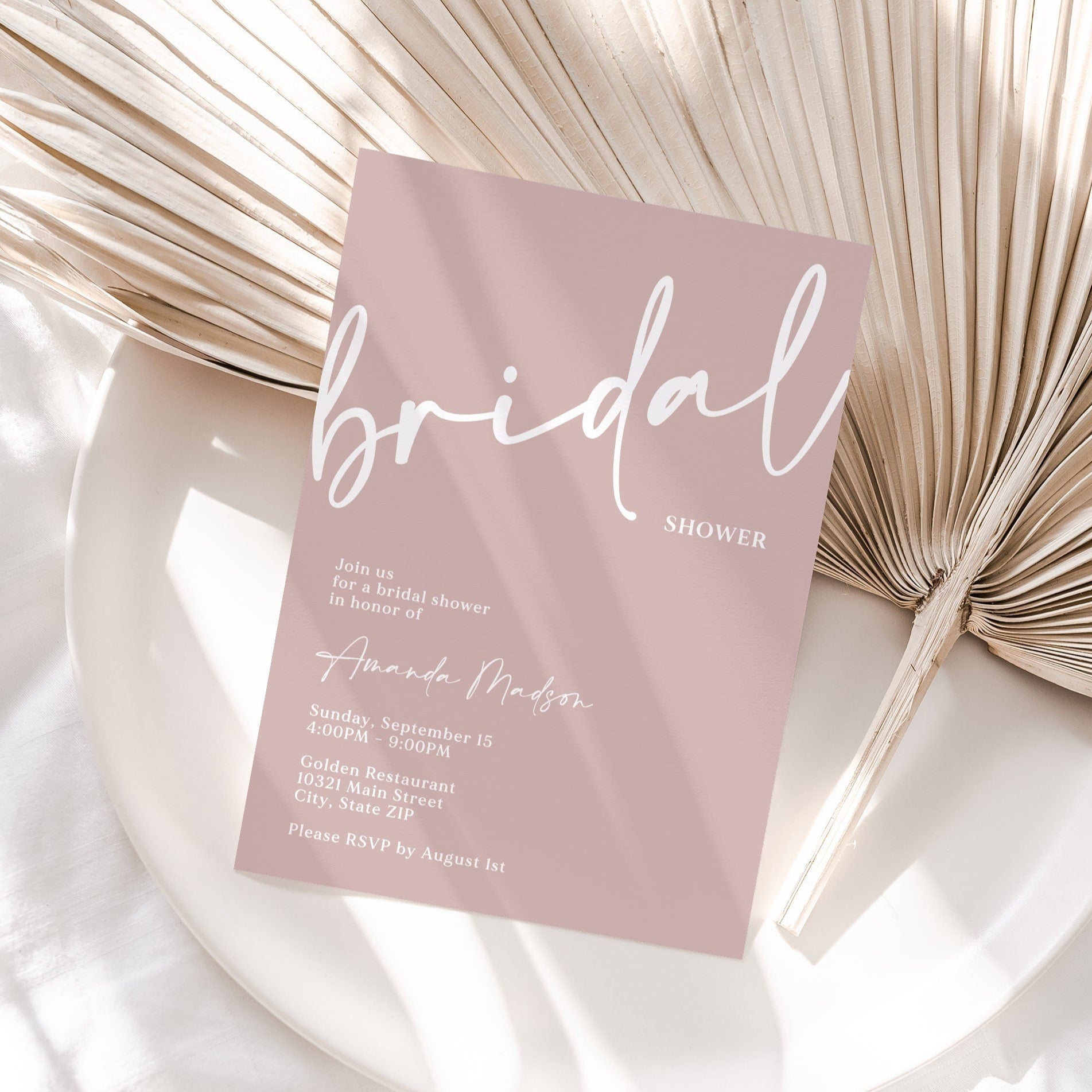 Printable Bridal Shower Invite, Minimalist Bridal Shower Invitation, Blush Pink Bridal Invitation, Bride to Be Evite Editable Invite Digital