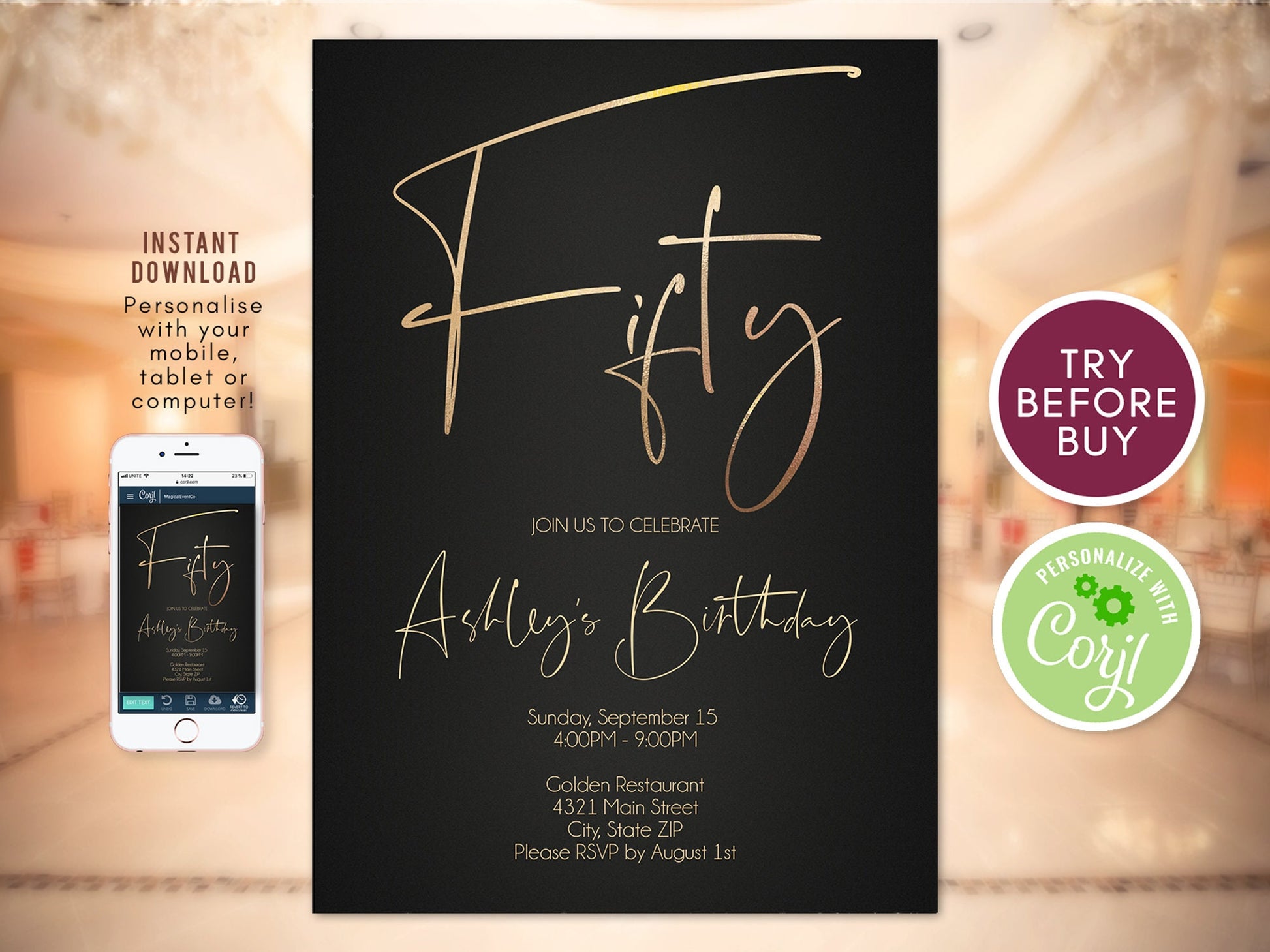 50th Birthday Invitation, Gold Foil Fifty Invitation Template, Editable 50th Birthday Party, Adult Birthday Invite, Instant Download DIY