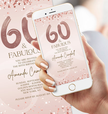 Digital Sixty and Fabulous Dinner Party Invite, 60th Birthday Invitation, Editable Rose Gold Ladies Evite, Electronic Text Message Evite