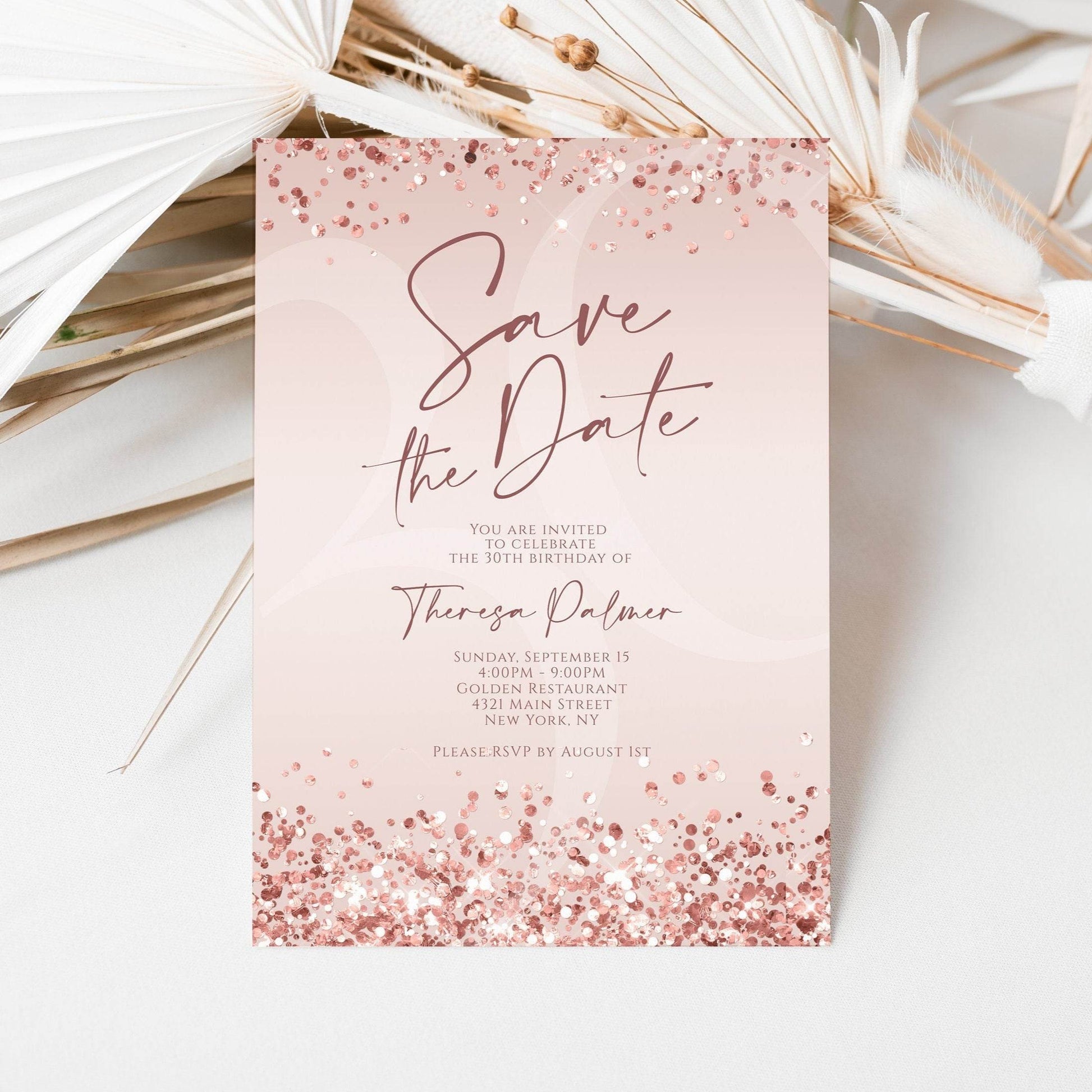 Printable Rose Gold Save the Date Birthday Invitation Template | Rose Gold Foil Confetti Editable Evite | Any Age Text Message Invite | Instant Download