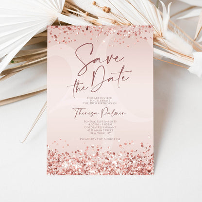 Printable Rose Gold Save the Date Birthday Invitation Template | Rose Gold Foil Confetti Editable Evite | Any Age Text Message Invite | Instant Download