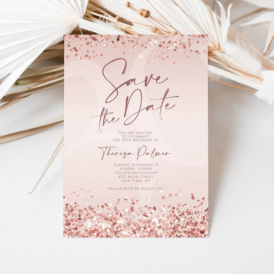 Printable Rose Gold Save the Date Birthday Invitation Template | Rose Gold Foil Confetti Editable Evite | Any Age Text Message Invite | Instant Download