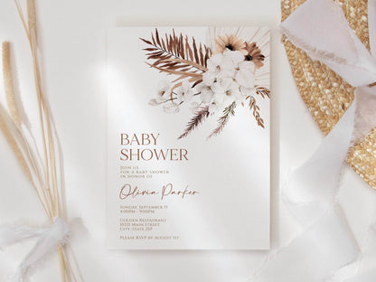 Printable Boho Baby Shower Invitation, Boho Floral Baby Shower Brunch Invite, Gender Neutral Dried Flower Baby Shower Template, DIY Instant Download