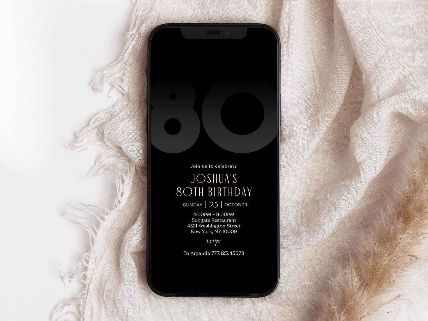 Digital Black 80th Eighty Birthday Invitation Template, Electronic Mobile Invite for Him, Phone Black Elegant Invitation, Text Message Evite