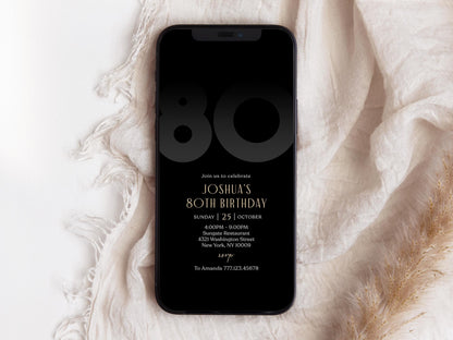 Digital Black 80th Eighty Birthday Invitation Template, Electronic Mobile Invite for Him, Phone Black Elegant Invitation, Text Message Evite