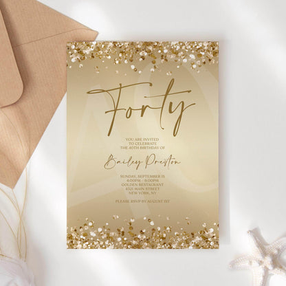 Gold 40th Birthday Invitation Template, Editable Forty Party Printable Invite, Ladies Surprise Birthday Evite, Text Message Digital Download