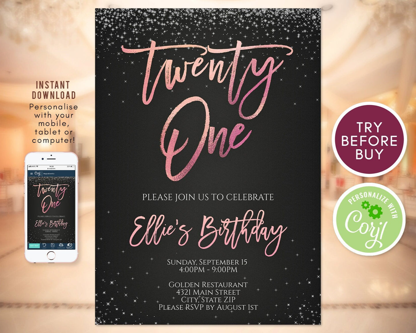 Rose Gold 21st Birthday Invitation Template, Rose Gold Invite, Twenty One Invitation, 21 Dark Invite, 21st Invitation Instant Download DIY