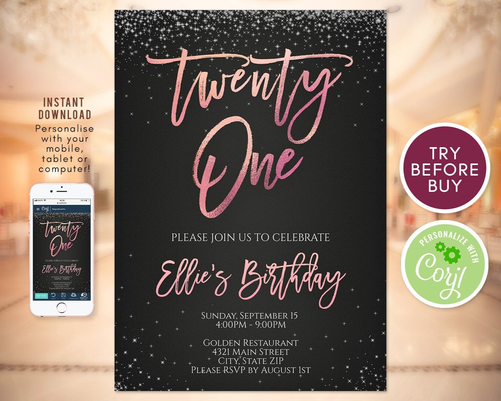 Rose Gold 21st Birthday Invitation Template, Rose Gold Invite, Twenty One Invitation, 21 Dark Invite, 21st Invitation Instant Download DIY
