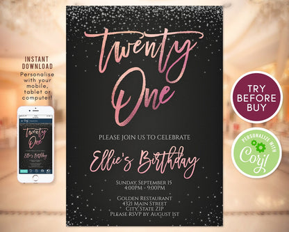 Rose Gold 21st Birthday Invitation Template, Rose Gold Invite, Twenty One Invitation, 21 Dark Invite, 21st Invitation Instant Download DIY