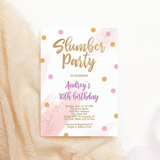 Printable Slumber Party Invitation | Pink Rose Gold Confetti | Editable Teen Girls Birthday Invite PDF | Instant Download Template