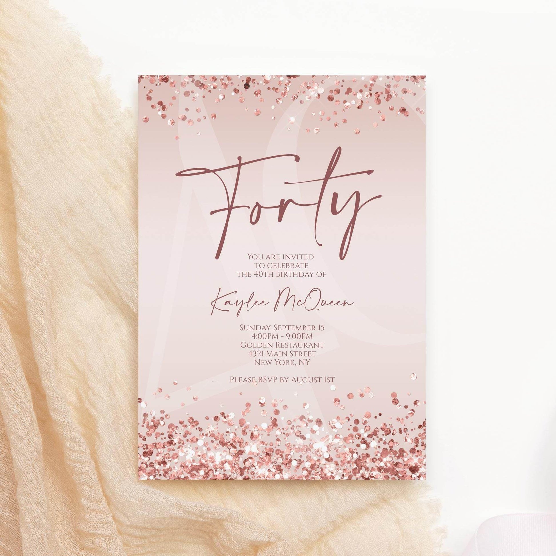 Rose Gold 40th Birthday Invitation Template, Editable Any Age Birthday Evite, Printable Pink Invite for Women, Text Message Download
