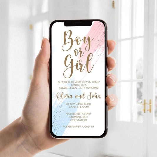 Boy or Girl Gender Reveal Invitation Template | Editable He or She Digital Evite | Watercolor Pink & Blue Text Message Invite | Instant Download