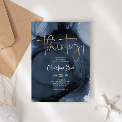 Blue Gold 30th Thirty Birthday Invitation Template, Printable Navy Men's Thirty Birthday Invite, Editable Surprise Invite, Digital Download