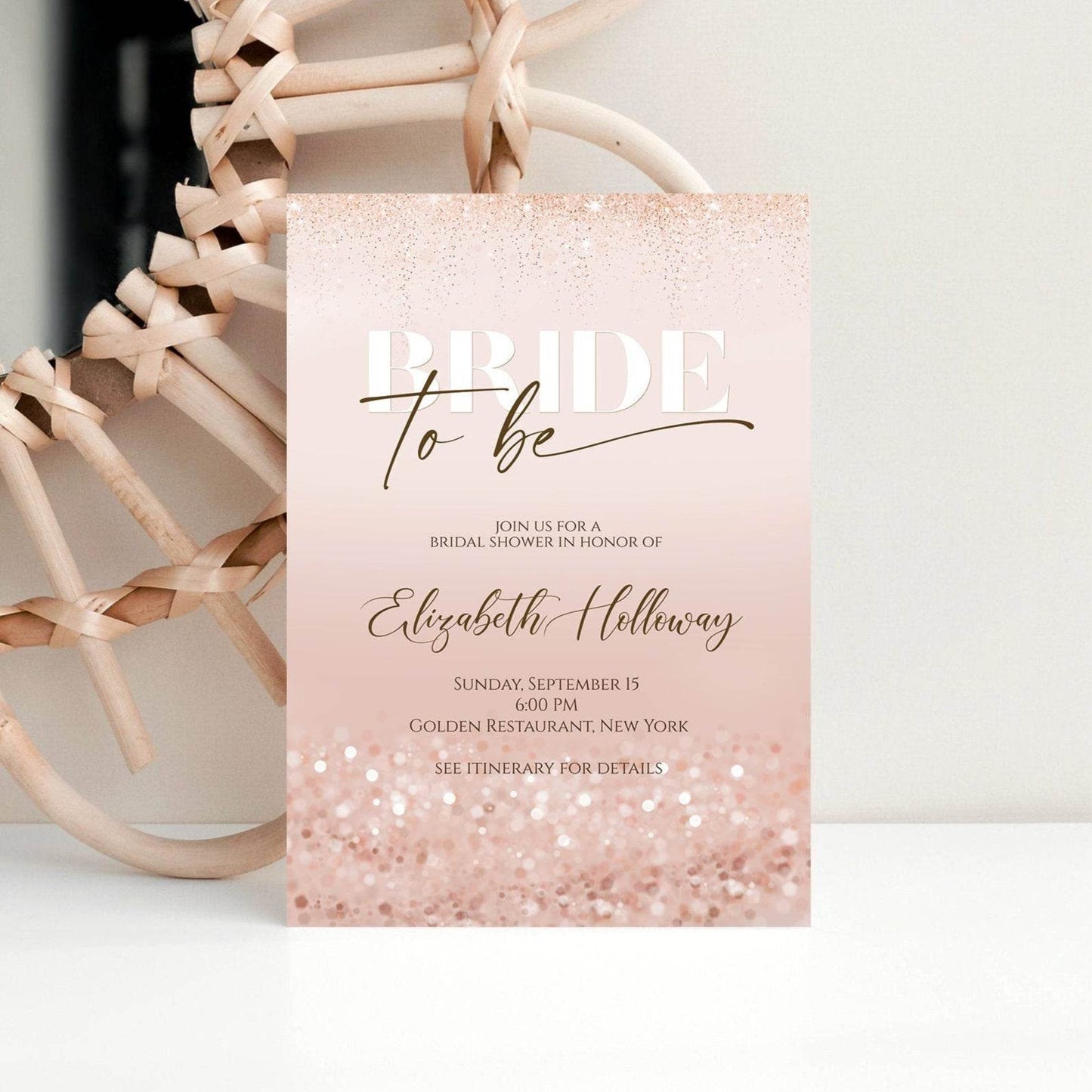 Bride to Be Invitation – Rose Gold Bridal Shower Template – Blush Printable Invite – Editable Canva Download – Instant Digital File