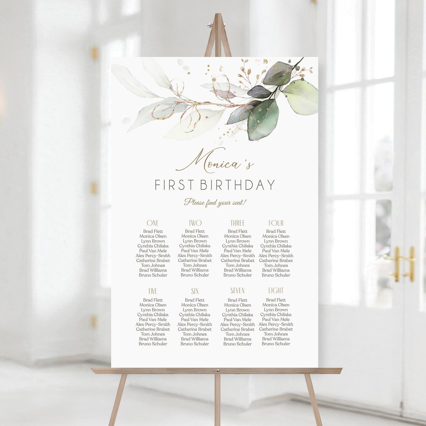 Editable 1st First Birthday Seating Chart, Greenery Seating Sign Template, Any Age Birthday Sign Poster, Birthday Table Seating Plan Decor
