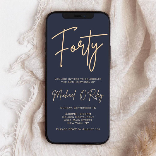 Navy Gold 40th Birthday Electronic Invitation – Editable Digital Evite Template – Text Message or Email Invite – Mens 40th Birthday Party Invite