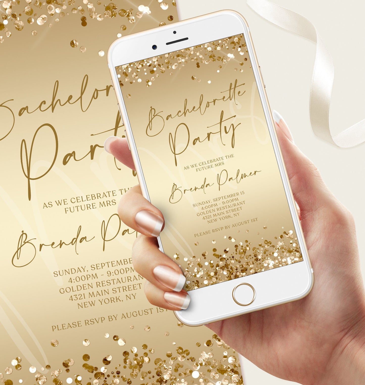 Digital Gold Bachelorette Party Invite, Bachelorette Text Message Invitation, Electronic Phone invitation template, Mobile Hens Party Evite
