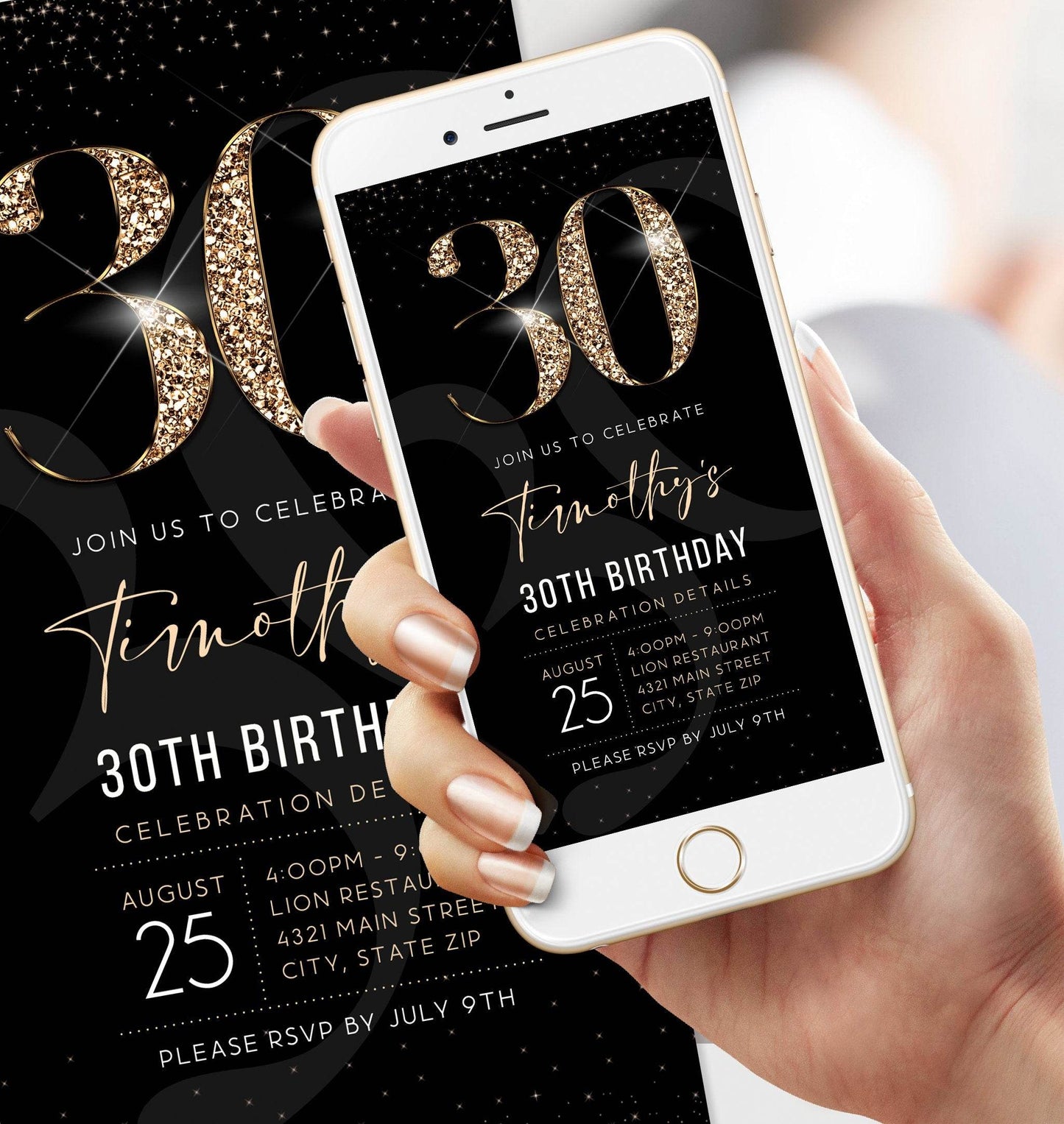 Luxury Digital 30th Birthday Evite Invitation Template, Electronic Black Gold Modern Invite, Editable Email and Text Message Phone Invitation