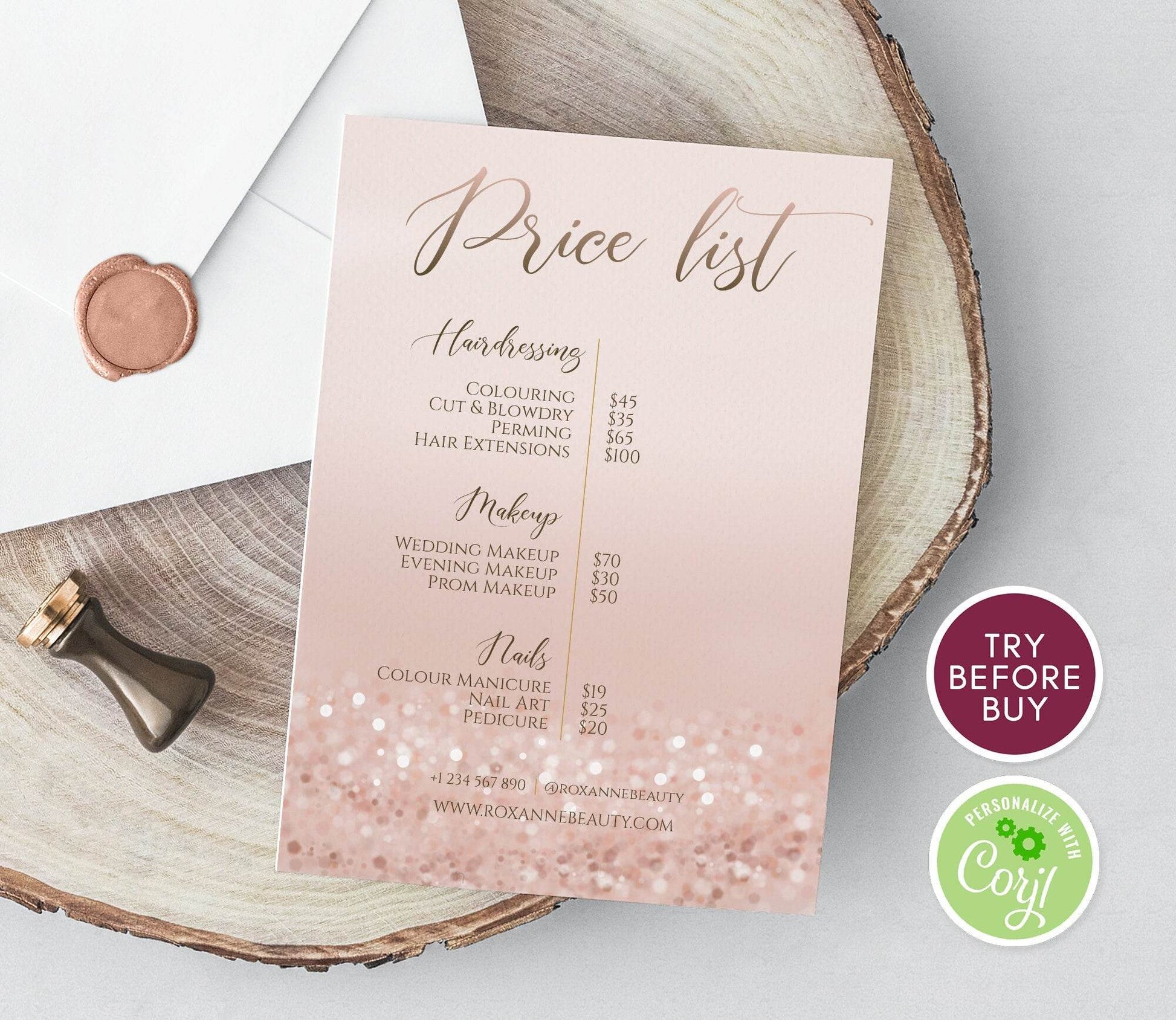 Rose Gold Price List Template | Editable Business Pricing Sheet | Printable Salon Price Guide | Hair & Beauty Chart | Instant Download