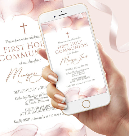 Rose Gold First Communion Invitation | Baptism & Christening Evite | Editable Digital Template | Text Message Invite | Instant Download