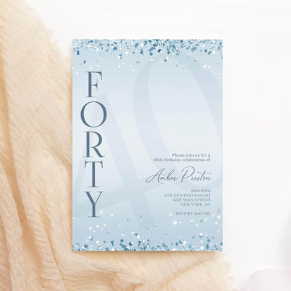 40th Birthday Invitation Template | Editable Blue Confetti | Printable Forty Card | Instant Download